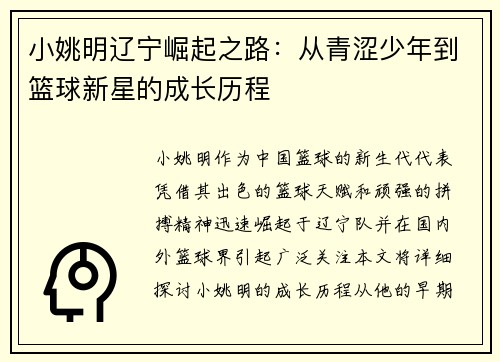 小姚明辽宁崛起之路：从青涩少年到篮球新星的成长历程